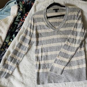 Gray and Cream Striped Women's Sweater